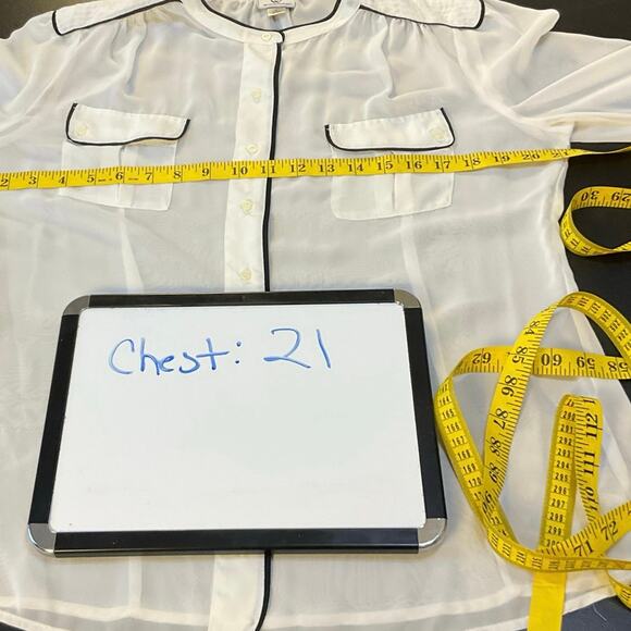 Worthington Sheer Button Front Blouse Size L Ivory w Black Piping - Picture 8 of 9